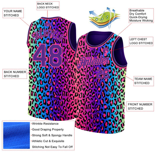 Custom Purple Pink-Black 3D Pattern Design Leopard Print Authentic Basketball Jersey - Sky-Custom