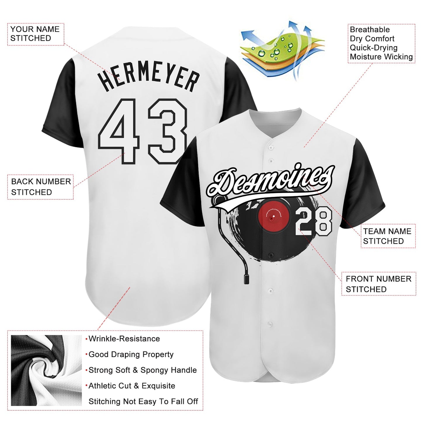 Custom White Black 3D Pattern Design Music Festival Vintage Vinyl Record Authentic Baseball Jersey - Sky-Custom