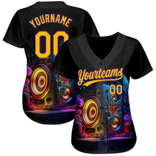 Custom Black Gold-Purple 3D Pattern Design Music Festival Vintage Speaker Music Sound System Authentic Baseball Jersey - Sky-Custom