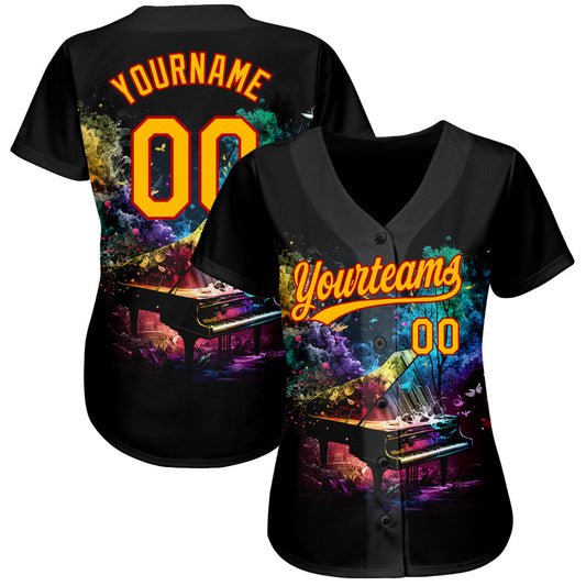 Custom Black Gold-Red 3D Pattern Design Music Festival Piano With Colorful Smoke Authentic Baseball Jersey - Sky-Custom