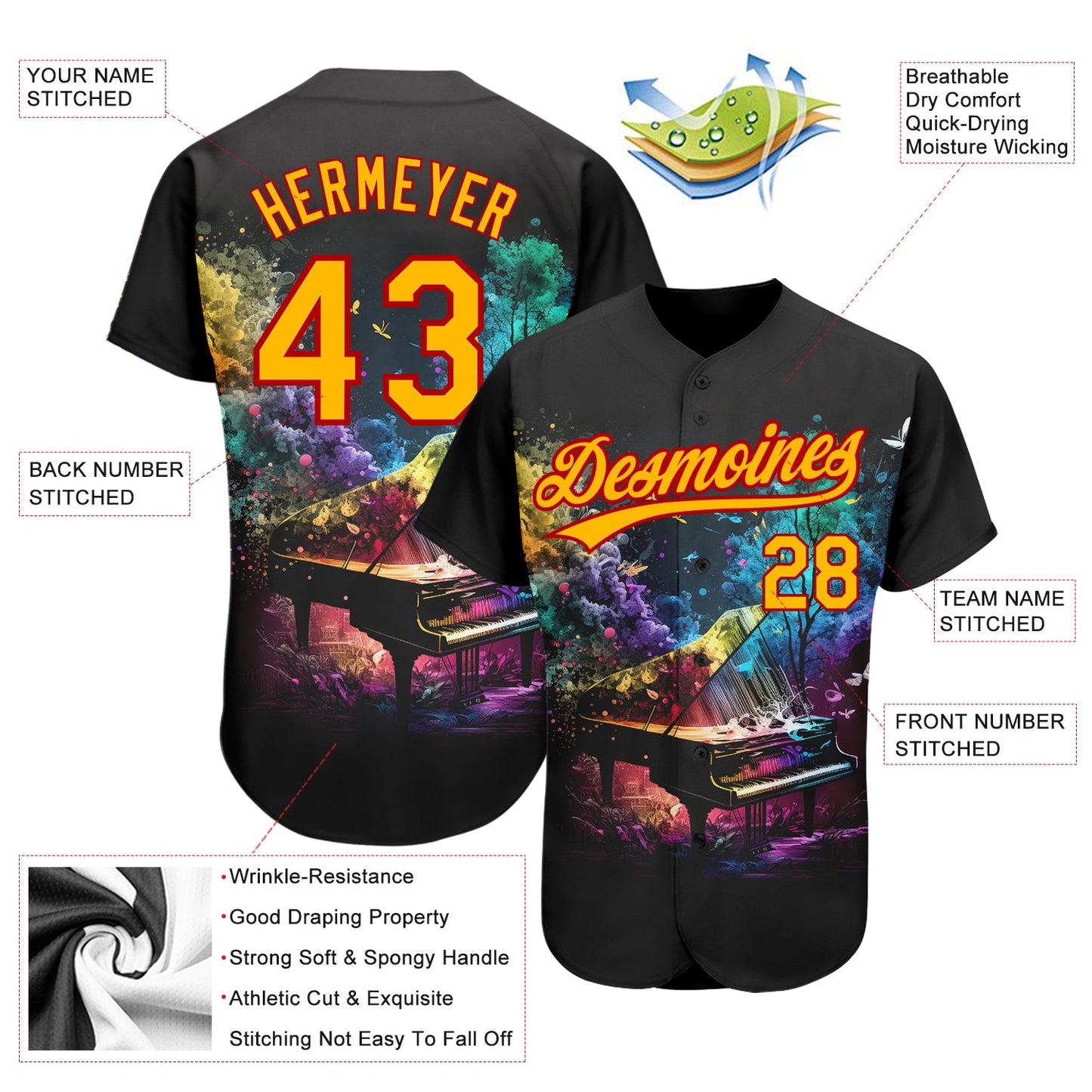 Custom Black Gold-Red 3D Pattern Design Music Festival Piano With Colorful Smoke Authentic Baseball Jersey - Sky-Custom