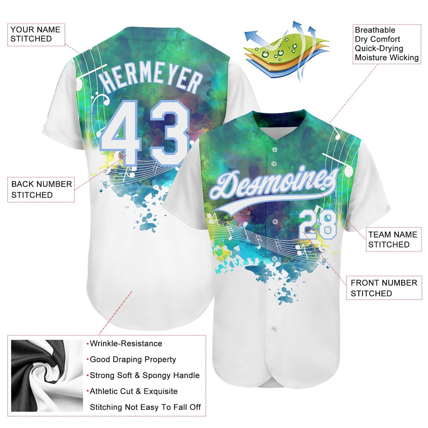 Custom White Light Blue 3D Pattern Design Music Festival Abstract Colorful Music Grunge Style Authentic Baseball Jersey - Sky-Custom