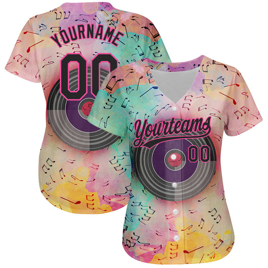 Custom Pink Black 3D Pattern Design Music Festival Watercolor Colored Musical Notes Authentic Baseball Jersey - Sky-Custom
