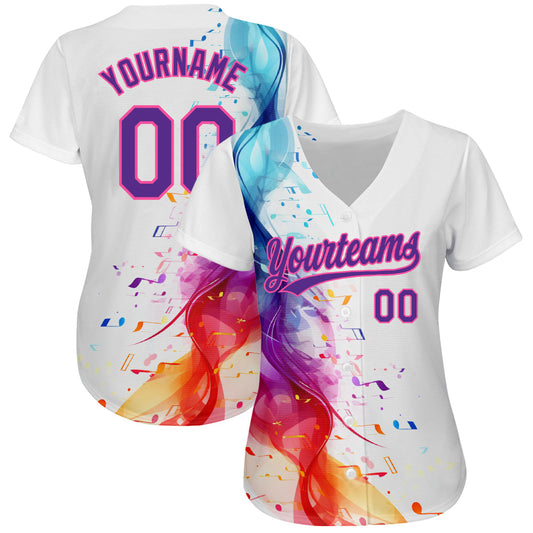 Custom White Purple-Pink 3D Pattern Design Music Festival Colorful Musical Notes Authentic Baseball Jersey - Sky-Custom