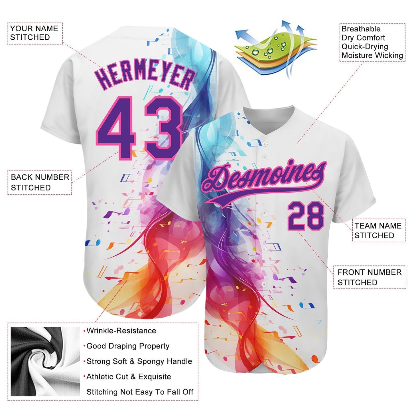 Custom White Purple-Pink 3D Pattern Design Music Festival Colorful Musical Notes Authentic Baseball Jersey - Sky-Custom