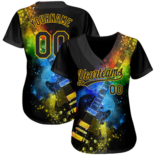 Custom Black Gold 3D Pattern Design Music Festival Guitar With Psychedelic Colors Authentic Baseball Jersey - Sky-Custom