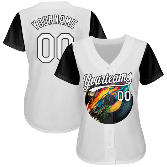 Custom White Black 3D Pattern Design Music Festival Record With Colorful Splatter Authentic Baseball Jersey - Sky-Custom