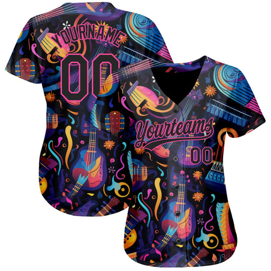 Custom Black Pink 3D Pattern Design Music Festival Musical Instruments Authentic Baseball Jersey - Sky-Custom