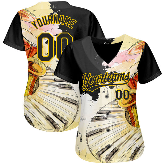 Custom White Black-Yellow 3D Pattern Design Music Festival Watercolor International Jazz Day Authentic Baseball Jersey - Sky-Custom