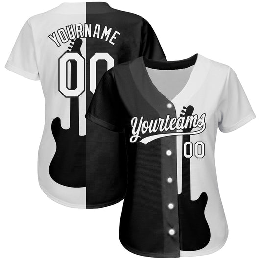 Custom Black White 3D Pattern Design Music Festival Guitar Rock And Roll Authentic Baseball Jersey - Sky-Custom