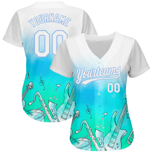 Custom White Light Blue 3D Pattern Design Music Festival Musical Instruments Authentic Baseball Jersey - Sky-Custom