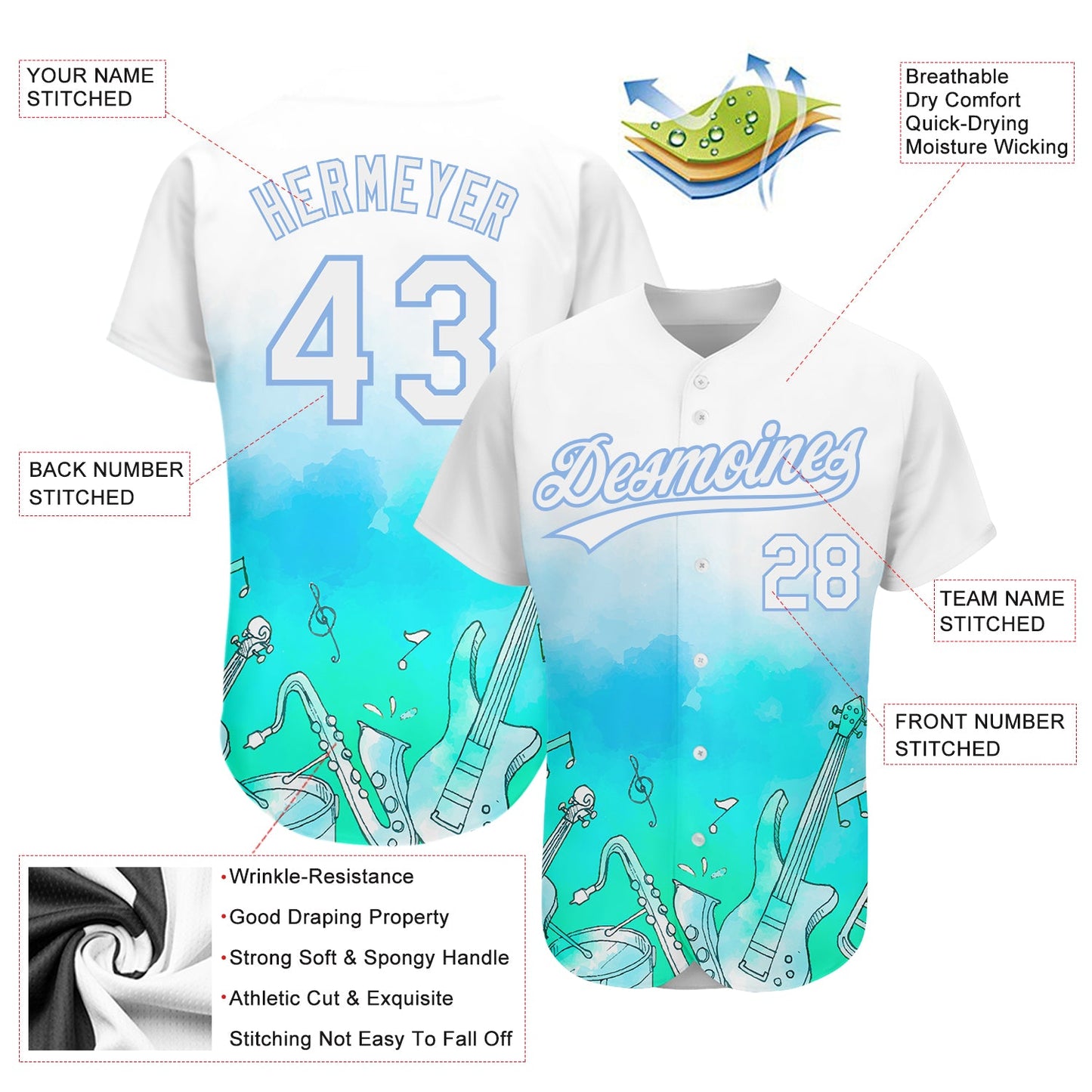 Custom White Light Blue 3D Pattern Design Music Festival Musical Instruments Authentic Baseball Jersey - Sky-Custom