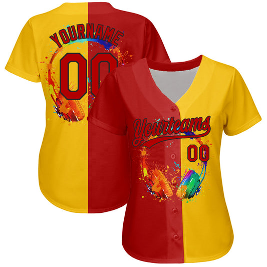 Custom Yellow Red-Black 3D Pattern Design Music Festival Watercolor Headphone With Musical Notes Authentic Baseball Jersey - Sky-Custom