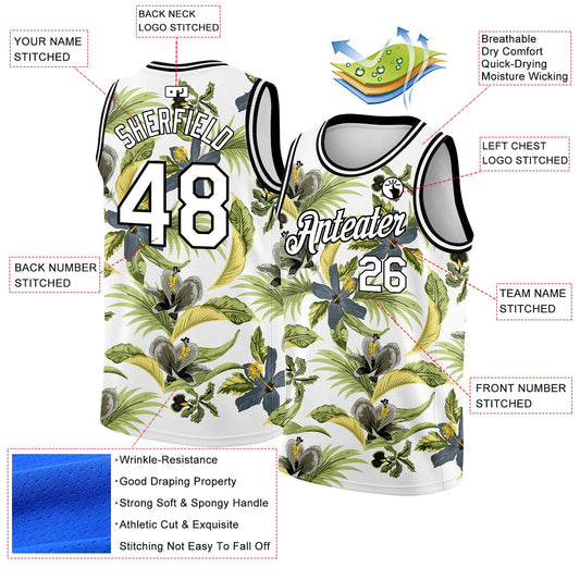 Custom White Black 3D Pattern Tropical Hawaii Plant And Flower Authentic Basketball Jersey - Sky-Custom