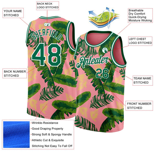 Custom Medium Pink Kelly Green-White 3D Pattern Tropical Hawaii Leaves Authentic Basketball Jersey - Sky-Custom
