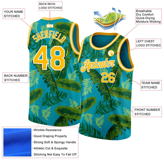 Custom Teal Gold-White 3D Pattern Tropical Hawaii Leaves Authentic Basketball Jersey - Sky-Custom