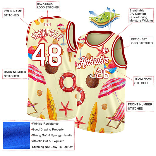 Custom Cream White-Red 3D Pattern Tropical Hawaii Beach Authentic Basketball Jersey - Sky-Custom