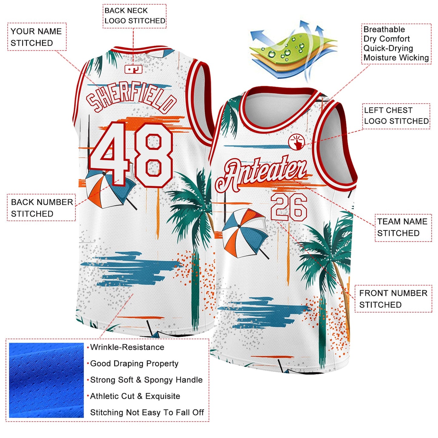 Custom White Red 3D Pattern Tropical Beach Hawaii Palm Trees Authentic Basketball Jersey - Sky-Custom