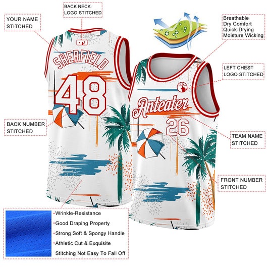Custom White Red 3D Pattern Tropical Beach Hawaii Palm Trees Authentic Basketball Jersey - Sky-Custom