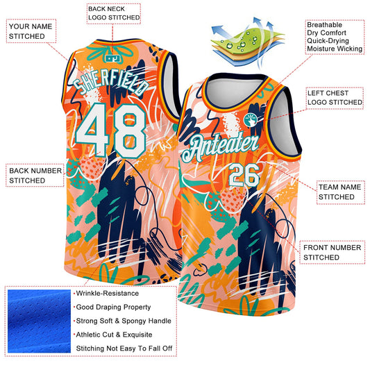 Custom Orange White-Teal 3D Pattern Abstract Hawaii Plant Graffiti Grunge Art Authentic Basketball Jersey - Sky-Custom