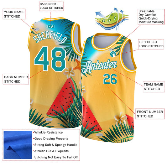 Custom Gold Teal-White 3D Pattern Tropical Beach Hawaii Palm Trees Authentic Basketball Jersey - Sky-Custom