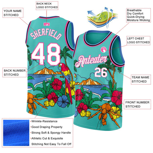 Custom Aqua Pink Light Blue-Black 3D Pattern Tropical Beach Hawaii Palm Trees Authentic Basketball Jersey - Sky-Custom