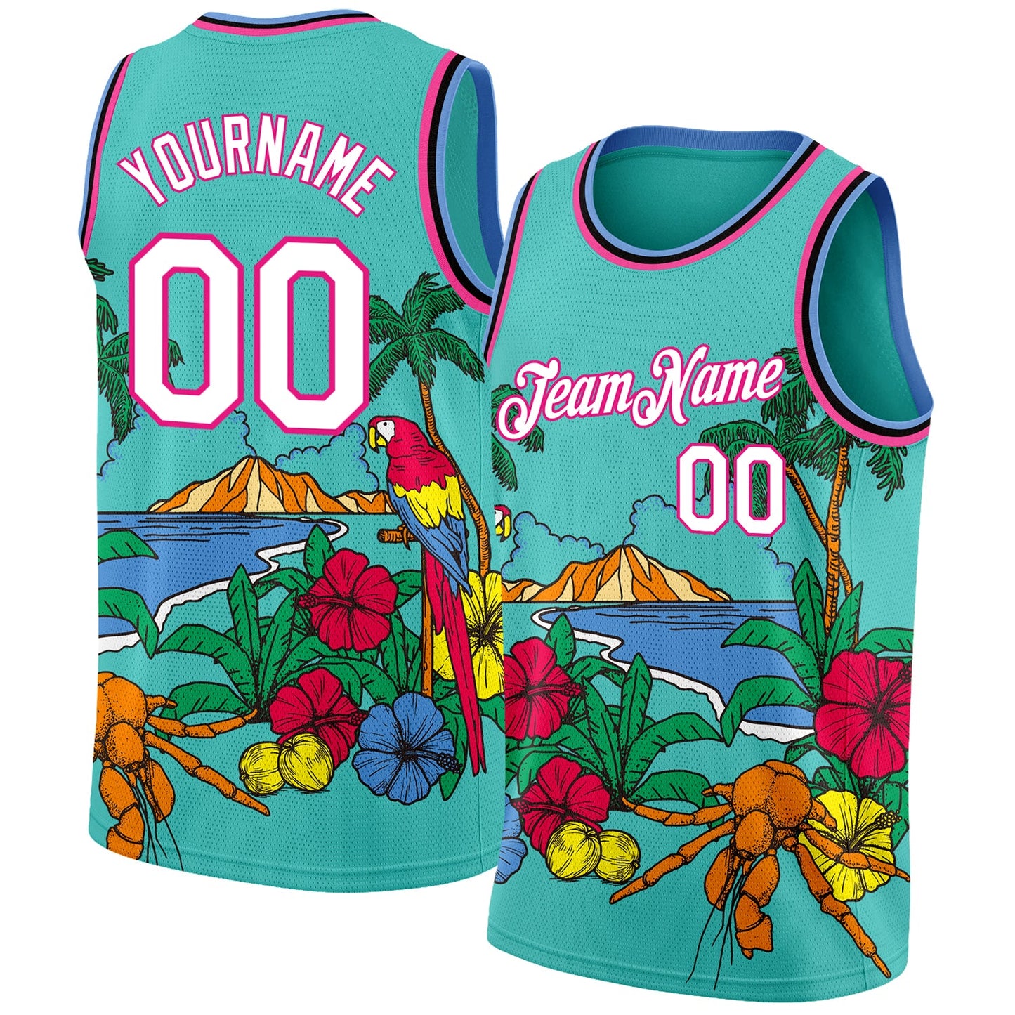 Custom Aqua Pink Light Blue-Black 3D Pattern Tropical Beach Hawaii Palm Trees Authentic Basketball Jersey - Sky-Custom