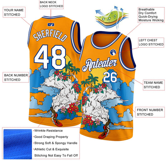 Custom Bay Orange White-Royal 3D Pattern Tropical Beach Hawaii Palm Trees Authentic Basketball Jersey - Sky-Custom