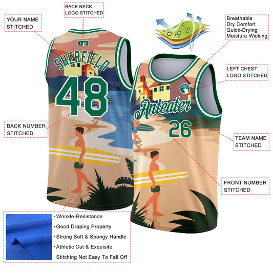 Custom Sand Kelly Green-White 3D Pattern Tropical Beach Hawaii Palm Trees Authentic Basketball Jersey - Sky-Custom