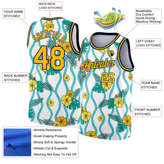 Custom White Gold-Navy 3D Pattern Tropical Hawaii Plant And Flower Authentic Basketball Jersey - Sky-Custom