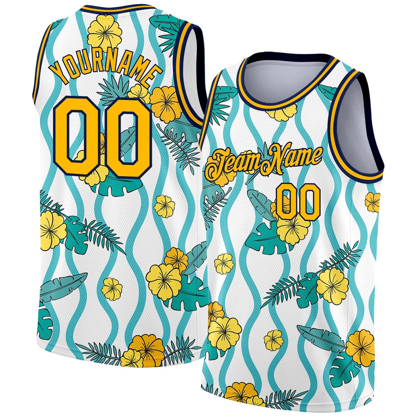 Custom White Gold-Navy 3D Pattern Tropical Hawaii Plant And Flower Authentic Basketball Jersey - Sky-Custom