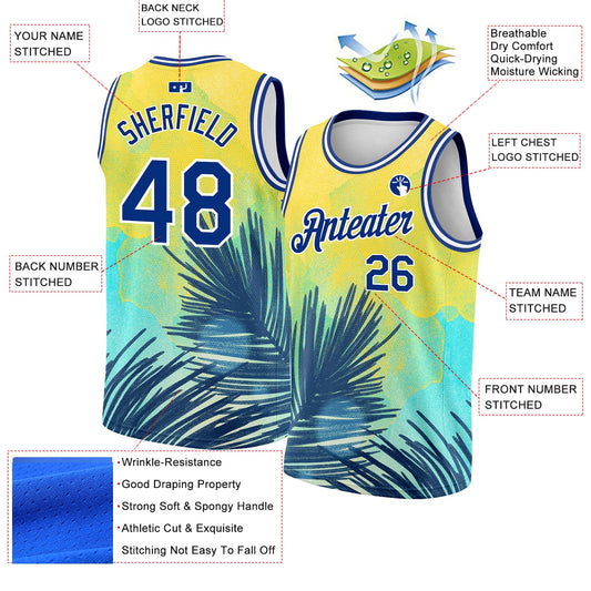 Custom Yellow Royal-White 3D Pattern Tropical Hawaii Leaves Authentic Basketball Jersey - Sky-Custom