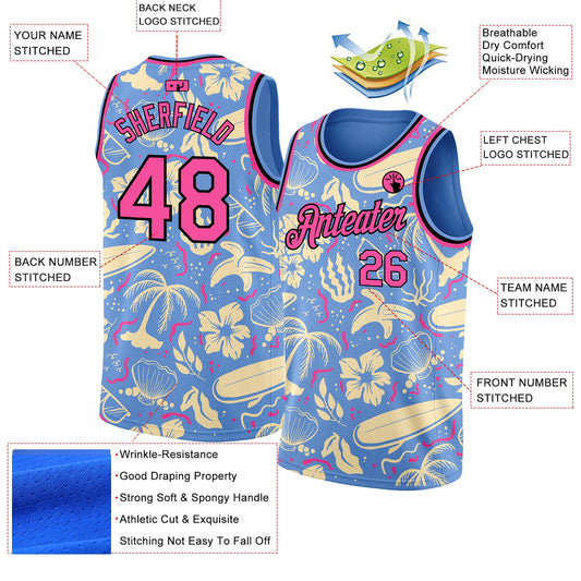 Custom Light Blue Pink-Black 3D Pattern Tropical Hawaii Trees Authentic Basketball Jersey - Sky-Custom