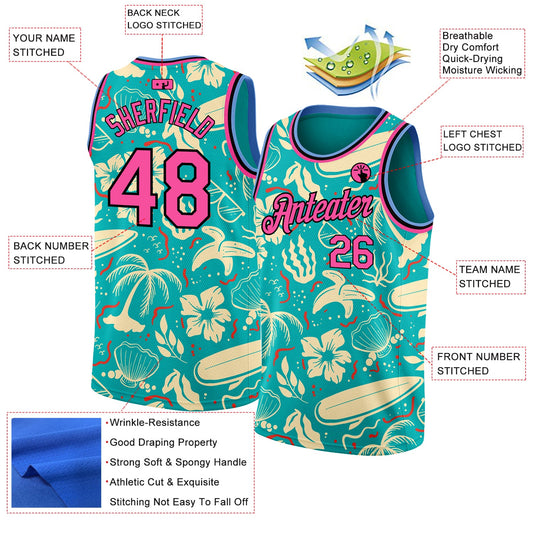 Custom Aqua Pink-Black 3D Pattern Tropical Hawaii Trees Authentic Basketball Jersey - Sky-Custom