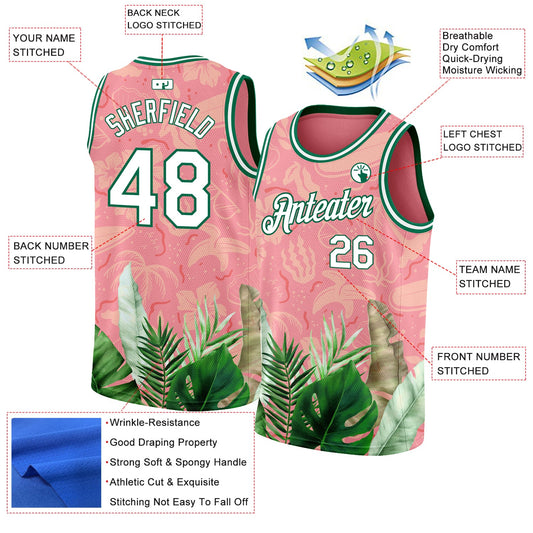 Custom Medium Pink White-Kelly Green 3D Pattern Tropical Hawaii Leaves Authentic Basketball Jersey - Sky-Custom