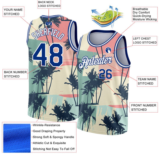 Custom Cream Royal-White 3D Pattern Tropical Hawaii Trees Authentic Basketball Jersey - Sky-Custom