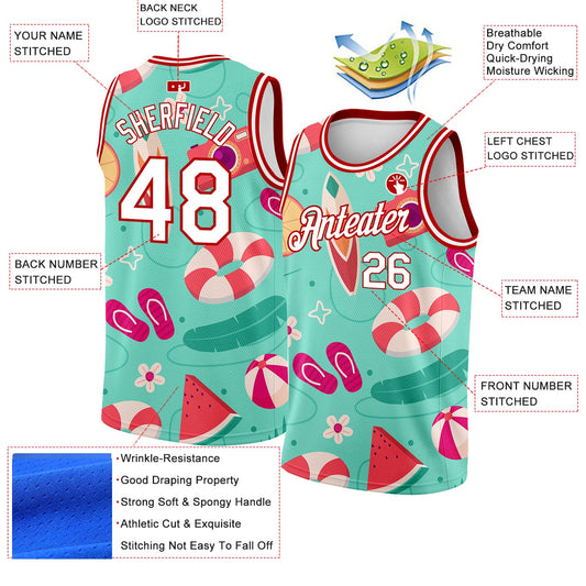 Custom Aqua White-Red 3D Pattern Tropical Hawaii Beach Authentic Basketball Jersey - Sky-Custom