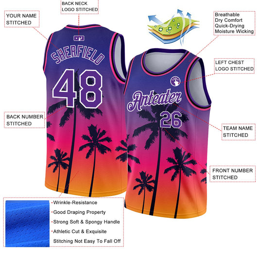Custom Purple White 3D Pattern Tropical Hawaii Trees Authentic Basketball Jersey - Sky-Custom