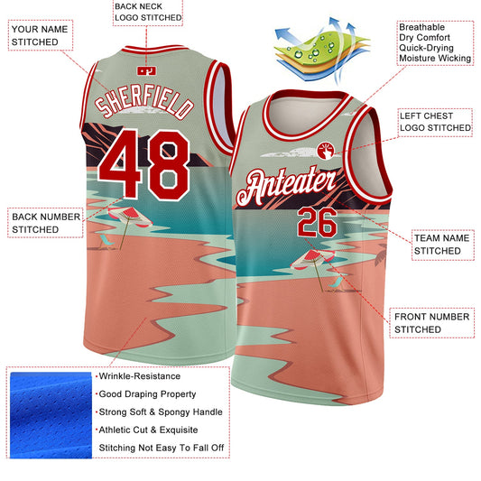 Custom Teal Red-White 3D Pattern Tropical Beach Hawaii Palm Trees Authentic Basketball Jersey - Sky-Custom