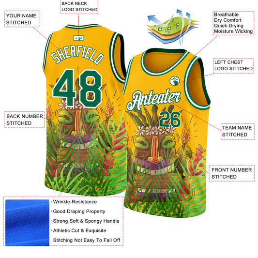 Custom Gold Kelly Green-White 3D Pattern Cartoon Tropical Hawaii Rainforest Authentic Basketball Jersey - Sky-Custom