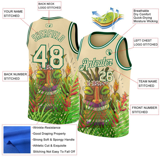 Custom Cream Kelly Green 3D Pattern Cartoon Tropical Hawaii Rainforest Authentic Basketball Jersey - Sky-Custom