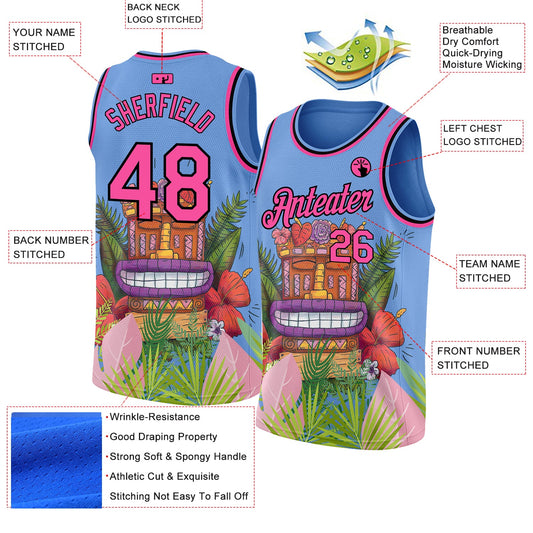 Custom Light Blue Pink-Black 3D Pattern Cartoon Tropical Hawaii Rainforest Authentic Basketball Jersey - Sky-Custom