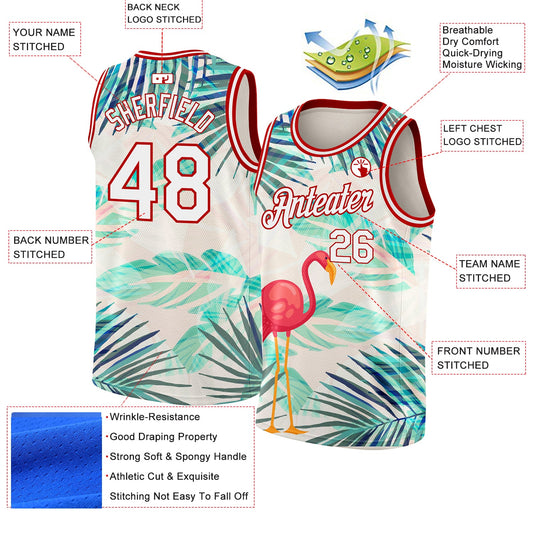 Custom White Red 3D Pattern Tropical Hawaii Leaves And Flamingo Authentic Basketball Jersey - Sky-Custom