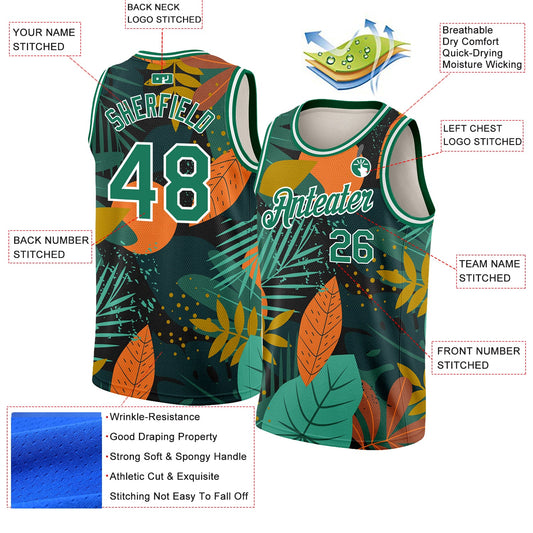 Custom Black Kelly Green-White 3D Pattern Tropical Hawaii Leaves Authentic Basketball Jersey - Sky-Custom