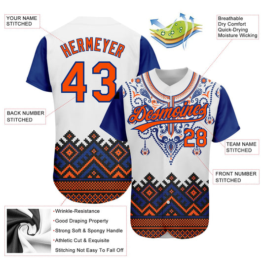 Custom White Orange-Royal 3D Pattern Design Traditional African Ethnic Style Authentic Baseball Jersey - Sky-Custom