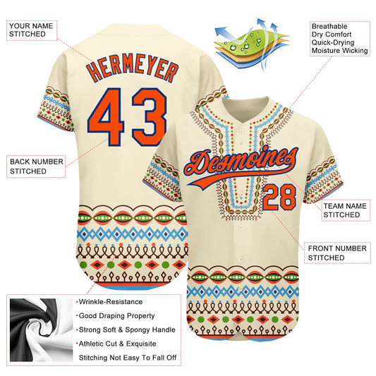 Custom Cream Orange-Royal 3D Pattern Design Traditional African Ethnic Style Authentic Baseball Jersey - Sky-Custom