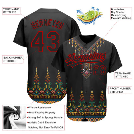 Custom Black Red 3D Pattern Design Traditional African Ethnic Style Authentic Baseball Jersey - Sky-Custom