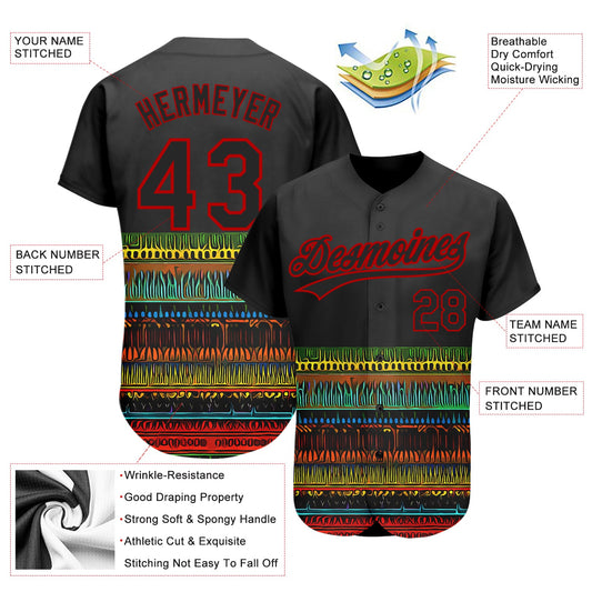Custom Black Red 3D Pattern Design Traditional African Ethnic Style Authentic Baseball Jersey - Sky-Custom