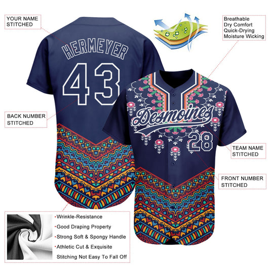 Custom Navy White 3D Pattern Design Vintage Floral African Ethnic Style Authentic Baseball Jersey - Sky-Custom