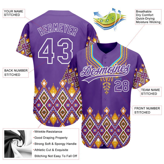 Custom Purple White 3D Pattern Design Traditional African Ethnic Style Authentic Baseball Jersey - Sky-Custom